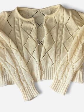 Commense Cream Cable & Diamond Openwork Cropped Cardigan
